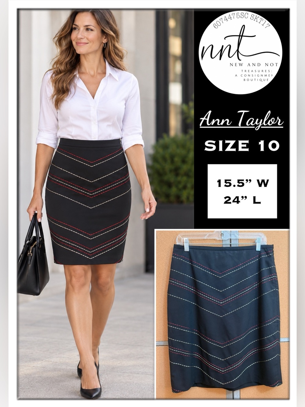 Ann Taylor Women’s Size 10 Black Pencil Skirt Chevron Embroidered Office Career